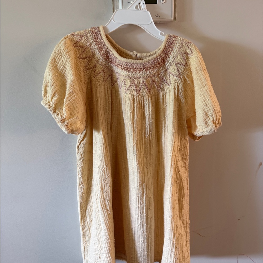 Zara yellow embroidered Textured Smocked Dress with Pale Pink Accents